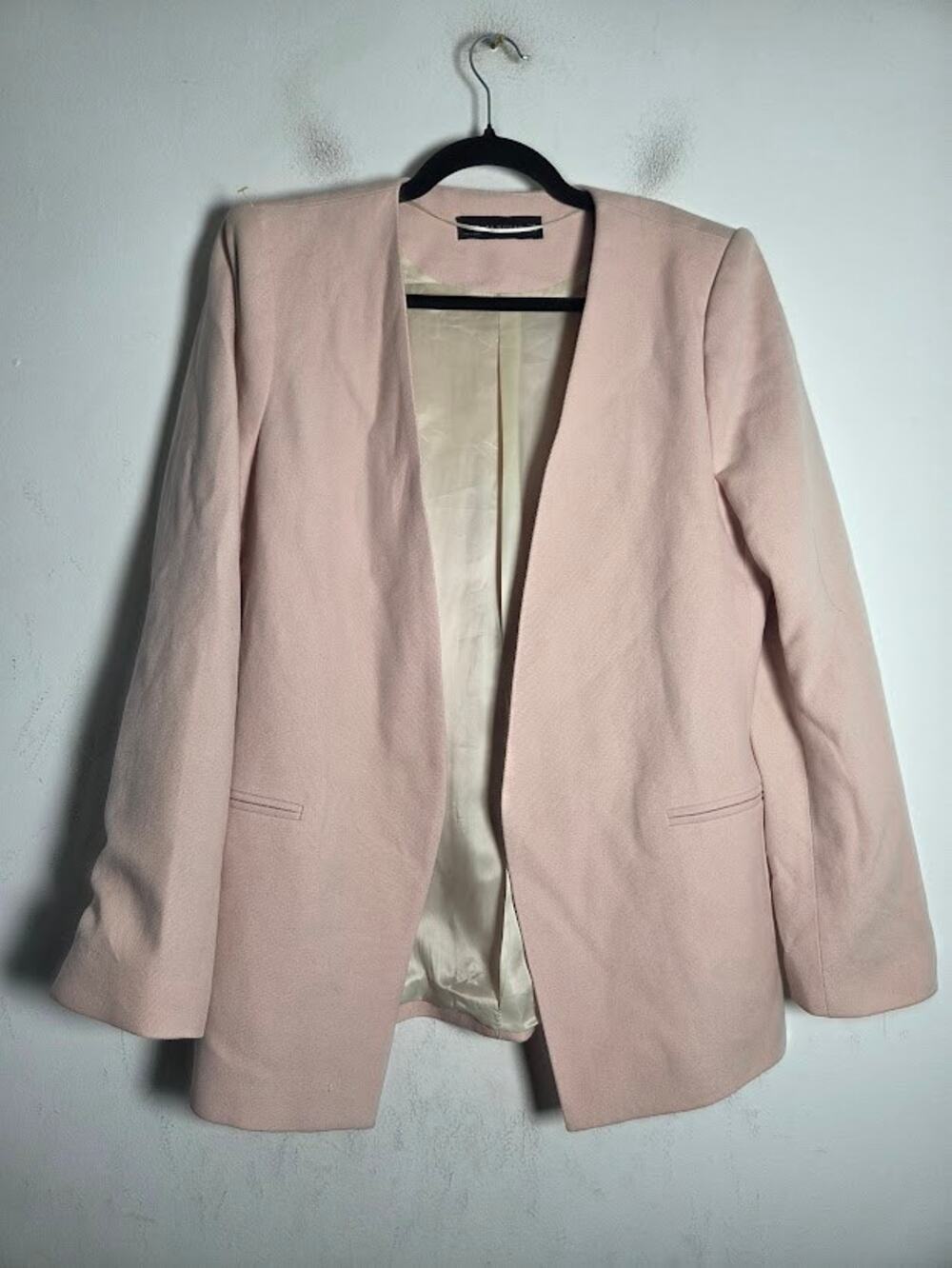 Zara Light Pink Wool Blend Structured Boyfriend Open Long Line Blazer size XL